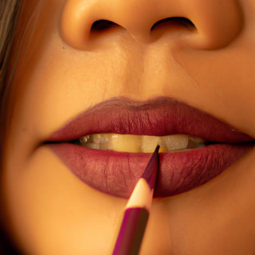 Một bức ảnh chụp từ gần về một người phụ nữ đang sử dụng bút kẻ môi để kẻ viền môi