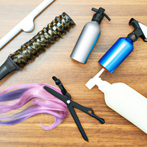 Một bức ảnh về các sản phẩm chăm sóc tóc và công cụ được sắp xếp gọn gàng, sẵn sàng cho quá trình uốn và nhuộm tóc tại nhà.