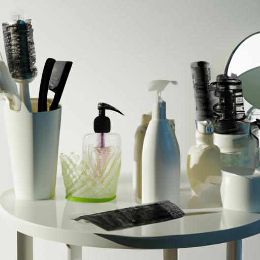 Các sản phẩm chăm sóc tóc và dụng cụ trên một bàn trang điểm sạch sẽ và có đủ ánh sáng